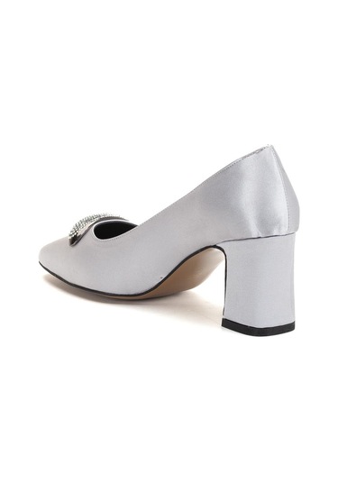 Kadın Siletto Topuklu Ayakkabı Gümüş Saten Taşlı Kalın Topuklu-4168 GUMUS