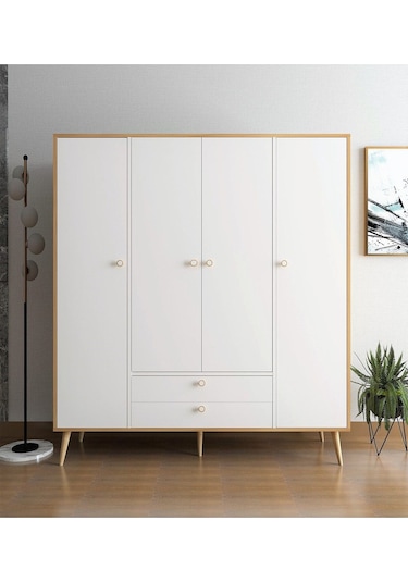 Floradesign Tema Elbise Dolabı 4 Kapaklı Çekmeceli Dolap Gardırop /beyaz Meşe