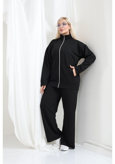 Kadın Büyük Beden Fermuarlı Uzun Kollu Rahat Günlük Eşofman Takım Siyah