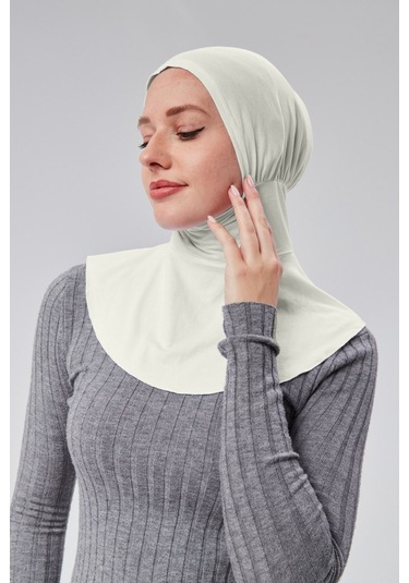 Kadın Pratik Tesettür Sporcu Boyunluklu Hijab Geçmeli Bone Penye Kumaş Ekru
