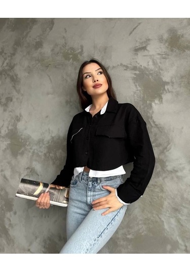 Çift Renkli Kısa Gömlek Siyahbeyaz S4021 Siyah