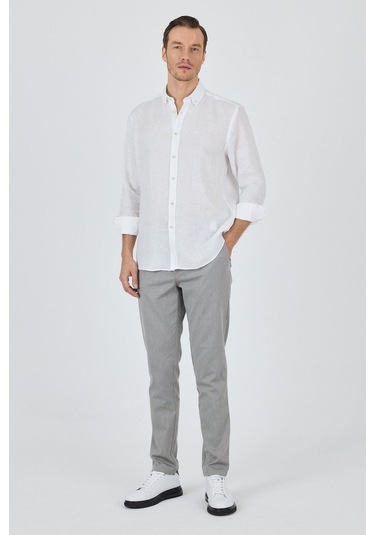 Uzun Kol Düz Keten Düğmeli Yaka Cepsiz Casual Comfort Fit Gömlek 1004250114 Beyaz