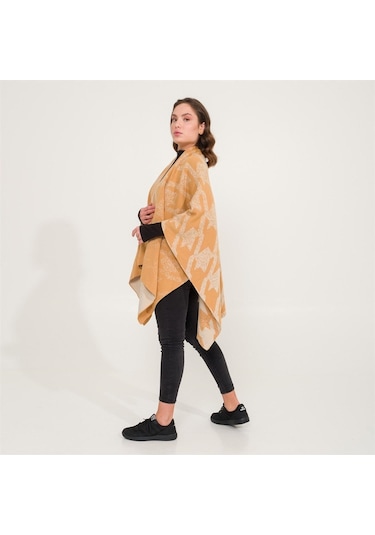 Kaz Ayağı Desen Çift Taraflı Triko Kadın Şal Panço-Safran-140X140 Safran
