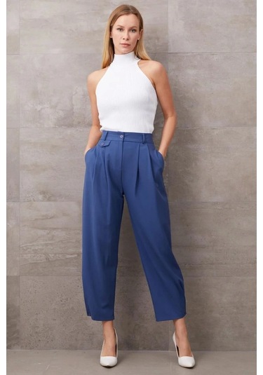 Paçası Düğmeli Yüksek Bel Pantolon Indigo