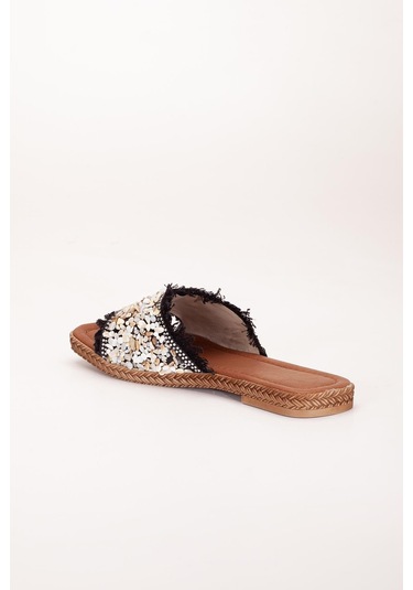 Kadın Düz Topuklu Terlik Siyah Taşlı Püsküllü Kalın Tekbant-3922 Siyah