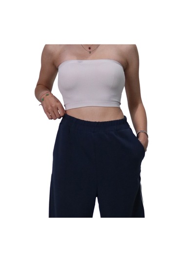 Kadın Modal Kumaş Kontrast Detaylı Lacivert Düz Kesim Pantolon Lacivert