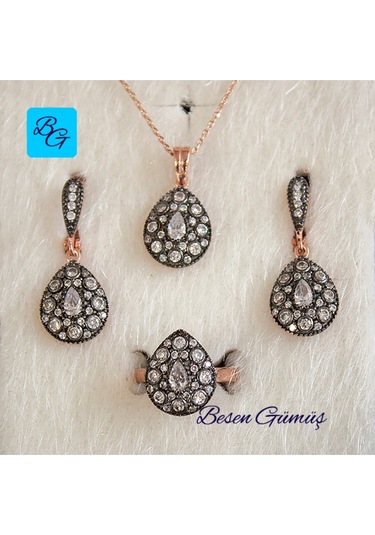 Elmas Montürlü Damla Taşlı Damla Set Rose Gold - Gümüş