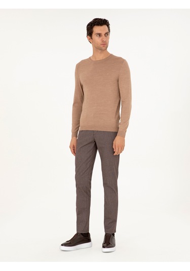 Cacharel Camel Slim Fit Bisiklet Yaka Yün Karışımlı Basic Triko Kazak Kahverengi