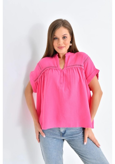 Dantel Detay Kısa Dokuma Bluz FUŞYA