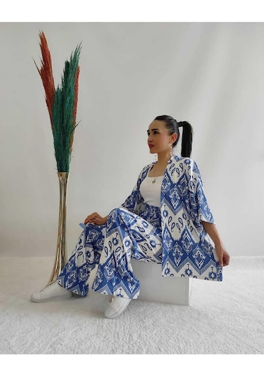 Moda Desenli Ikili Kimono Takım Rahat Kalıp Mavi