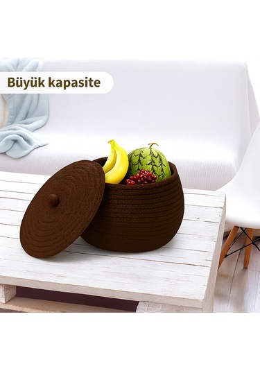 Mutfak, Banyo Ve Ev İçin Halat Hasır Sepet 17x21 Cm Kapaklı Saklama Sepeti Honeypot Kahverengi