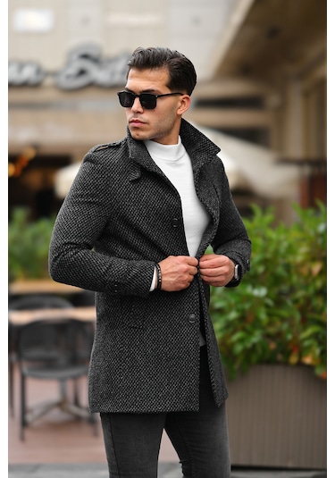 Erkek Dar Kesim Dik Yaka Uzun Koyu Desenli Kaşe Kaban Füme