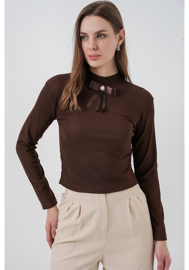 Kadın Kurdale Detay Uzun Kollu Bluz 977 - Kahverengi Kahverengi
