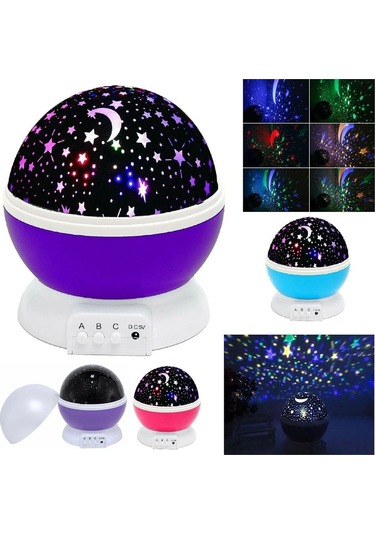 Konesam Kırmızı/pembe/mavi Seçenekli Çocuklar İçin Döner Yıldız Ay Projeksiyon Led Gece Lambası Usb Şarjlı Mor