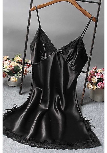 Merry See Dantelli Kısa Saten Gecelik Siyah