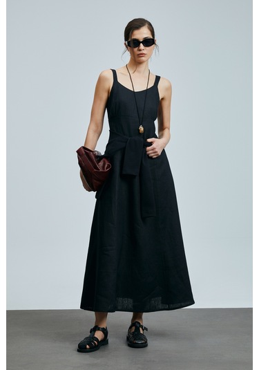 Lufian Selene Kadın Askılı Keten Elbise Siyah Siyah 121290015100100 Siyah