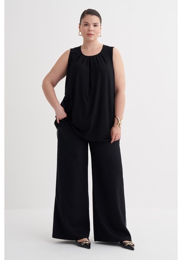 Pile Detaylı Örme Bluz-6238 Siyah