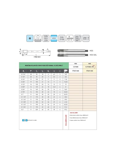 Fett G 1/2-14 Pld Dın5156 Hss Sol Düz Kanal Uç Bilemeli Boru İçin Makina Kılavuzu