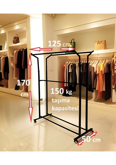 Premium 170 Cm Çelik Konfeksiyon Elbise Askılık Pingo Ayak Portatif Home Hanger 125 Cm En Demonte Siyah