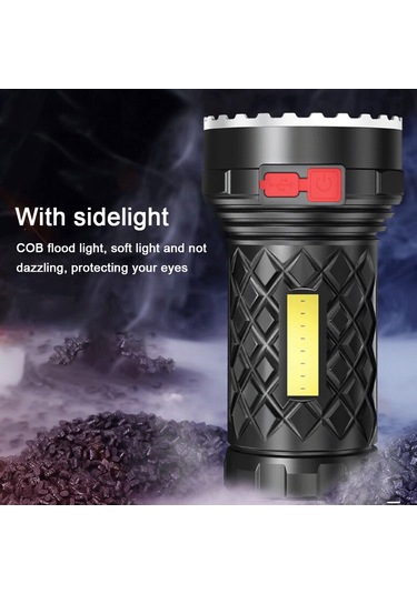 Ranyeek Usb Şarjlı 7led Cob Yan Işıkli Siyah El Feneri, 5 Işık Modu, Su Geçirmez, Dış Mekan Ve Ev Kullanıma Uygun, Dahili Li-poly Batarya Siyah