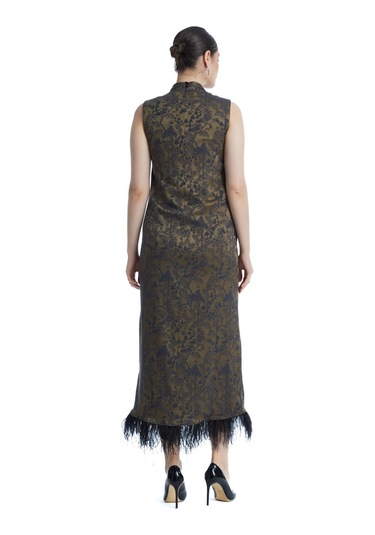 Desenli Kadın Elbise Ceket Takım - Yakası Taş İşlemeli - Modern Ve Şık Tasarım - Davet Ve Özel Gün İçin Elbise CAMEL