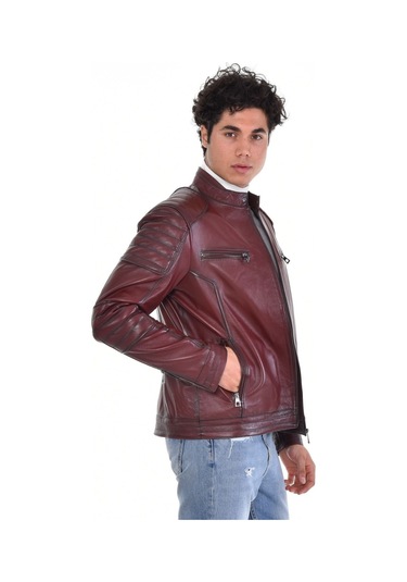 Hakiki Deri Fermuarlı Hakim Yaka Dört Cepli Erkek Deri Ceket Kahverengi Kahverengi