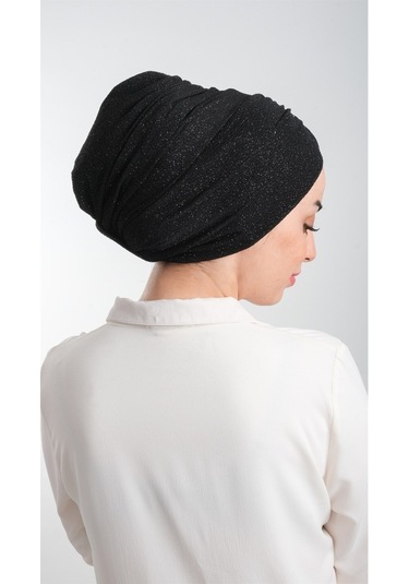 Siyah Pratik Hazır Geçmeli Tesettür Bone Fukuro Simli Büzgülü 211 Siyah