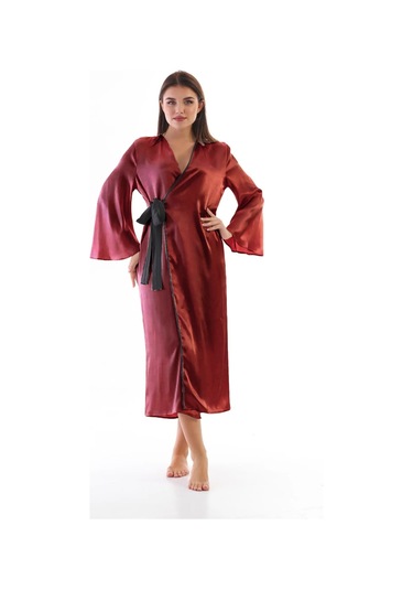 Laperissa Kadın Bordo Saten Dokuma Sabahlık Siyah Kuşaklı Şık Ve Zarif Ev Giyim Bordo