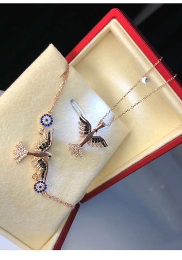 Kadın Gümüş Set - Zümrüdü Anka Kuşu Nazar Boncuklu Işıklı Kutud