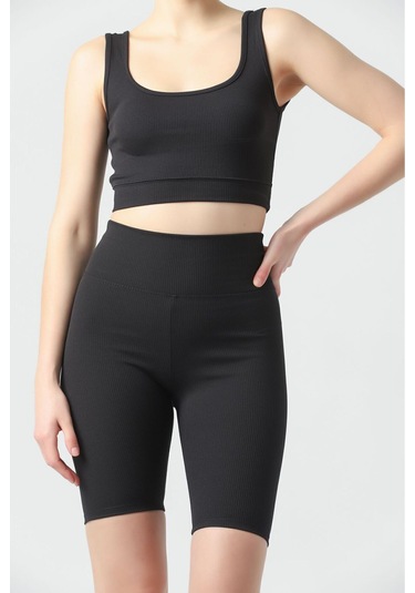 Kallima Siyah Toparlayıcı Fitilli Spor Crop-biker Tayt Takım Siyah