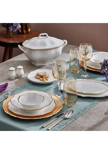 Bernardo Karen 58 Parça 12 Kişilik Bone China Yemek Takımı Beyaz - Altın