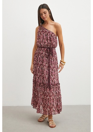 Uterpe One Shoulder Floral Print Maxi Dress Mürdüm