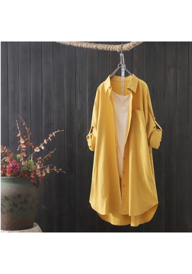 Kadın Pamuk Ve Keten Gömlek: 2023 İlkbahar/sonbahar Yeni Bol Uzun Kollu Üst İnce Ceket Orta Uzunlukta Saf Kumaş. Sarı Kadın Pamuk Ve Keten Gömlek: 2023 İlkbahar/sonbahar Yeni Bol Uzun Kollu Üst İnce Ceket Orta Uzunlukta Saf Kumaş. Sarı