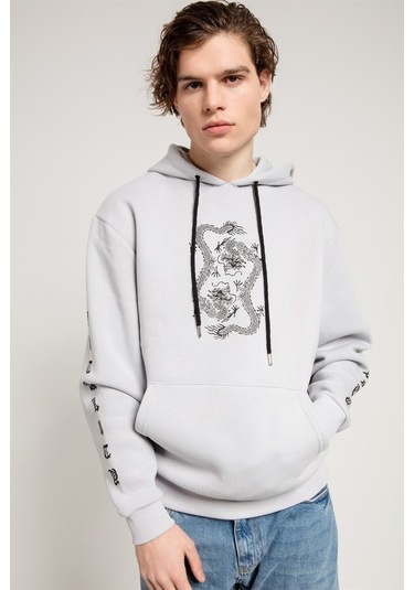 Jahr Marc Dragon Baskılı Gri Oversize Erkek Sweatshirt Gri