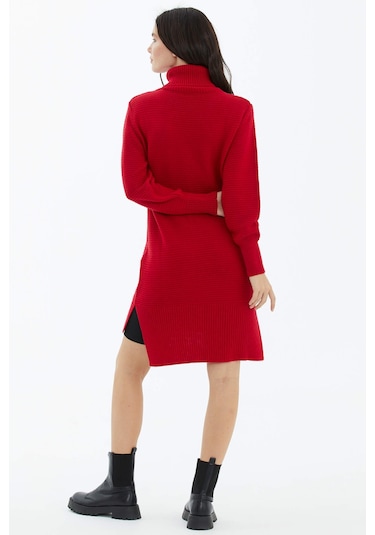 Tam Balıkçı Yaka Triko Tunik  - Kırmızı