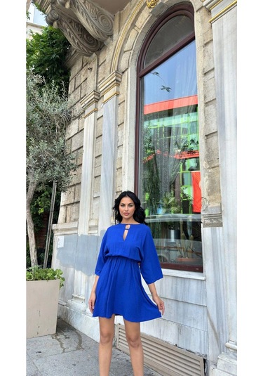 Saks Yaka Detaylı Kloş Elbise Saks