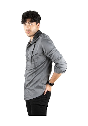 Deepsea Erkek Füme Kapüşonlu Slim Fit Dar Kesim Gömlek Likralı Pamuklu Likralı Kot Gömlek 2300396 Füme