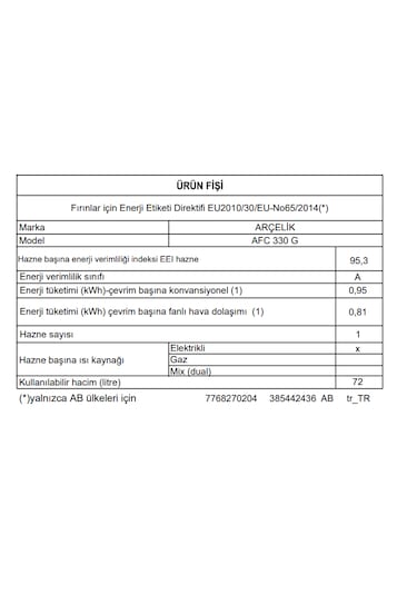Arçelik AFC 330 G Fibona Serisi 72 LT Ankastre Fırın