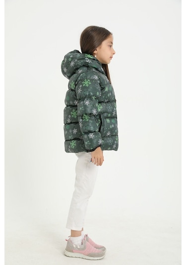Freemen Kız Çocuk Yeşil Kar Tanesi Desen Polar Su Ve Rüzgar Geçirmez Kapüşonlu Şişme Kışlık Mont Yeşil