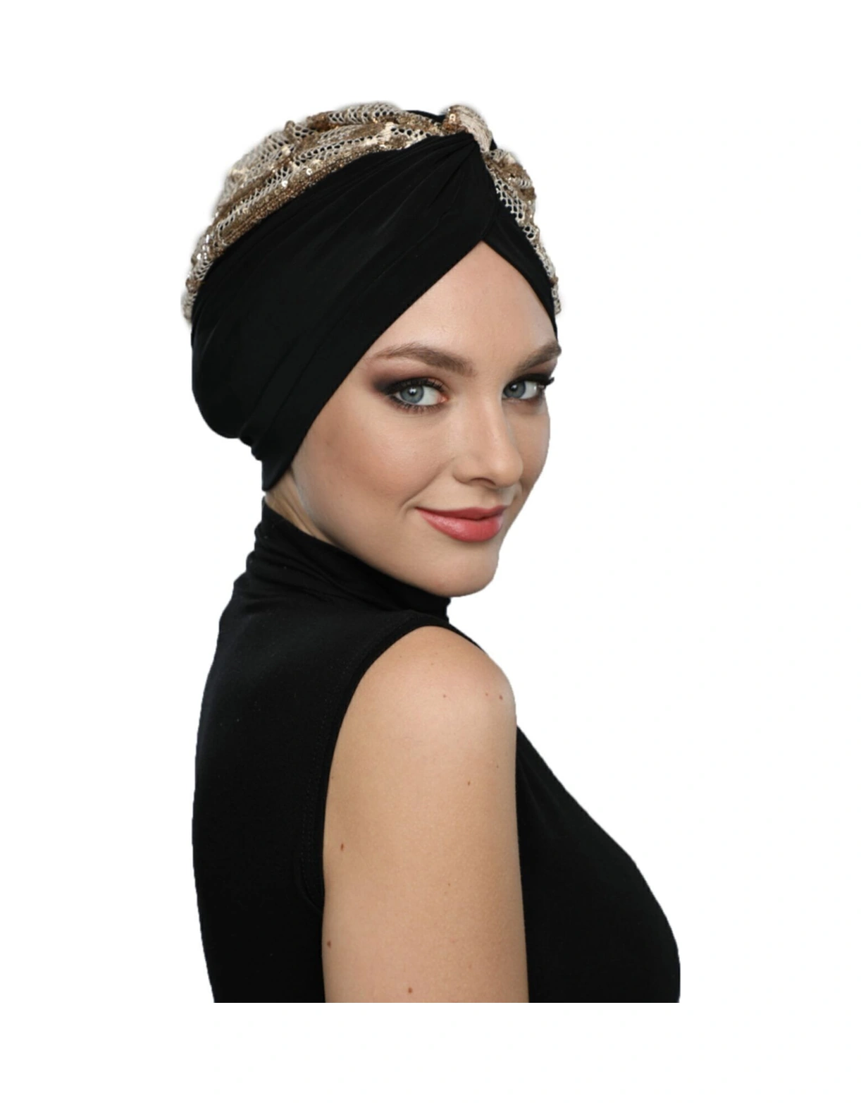 Özel Tasarım Siyah Bej-altın Pullu Fileli Etnik Desenli Astarlı Hazır Türban Tesettür Abiye Bone Siyah25