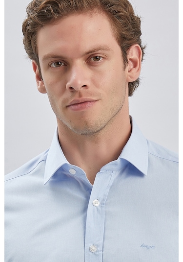 Koyu Mavi Uzun Kollu Bez Ayağı Sert Yaka Cepsiz Pamuklu Klasik Slim Fit Dar Kesim Gömlek 1004240230 Koyu Mavi