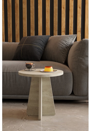 Alpa Ev Mobilya 3 Lü Mantar Zigon Sehpa Seti Modern Yuvarlak Tasarım, Dekoratif İskandinav Stil Traverten