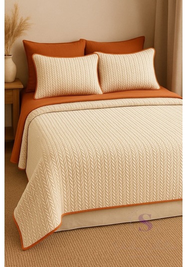 Turuncu-krem Örgü Desen Çift Kişilik Nevresim Takımı Pike Tkm Çok Renkli