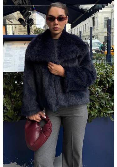 Lacivert Yumuşak Dokulu Kadın Kürk Mont Mg2204 Lacivert