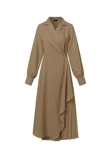 Novahub Kadınlar Zarif Elbise Pileli Yaka Uzun Kollu Düz Renk Asimetrik Hem Örgün İş Ayak Bileği Uzunluğu Balo Ziyafet Örgün Durum Maxi Elbise Kahverengi - M Kahverengi