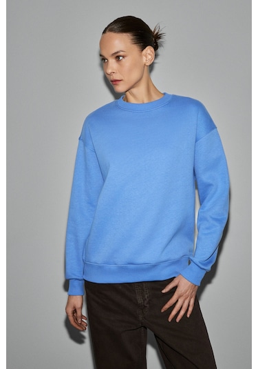 Grimelange Vaneltına Kadın Organik Pamuklu Yumuşacık İçi Polarlı Yuvarlak Yakalı Mavi Sweatshirt Mavi