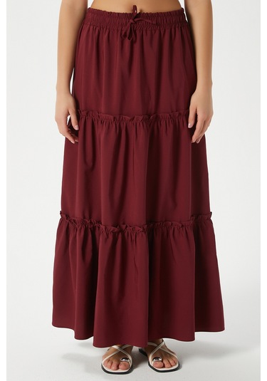 Kadın Elanora Bordo Astarlı Katlı Poplin Etek Bordo