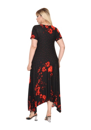 Melsay Butik Kırmızı Puanlı Gelincik Desen Asimetrik Kısa Kollu Elbise Siyah