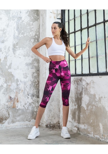Üçgen Desenli Toparlayıcı Spor Kapri Tayt Mor - Siyah