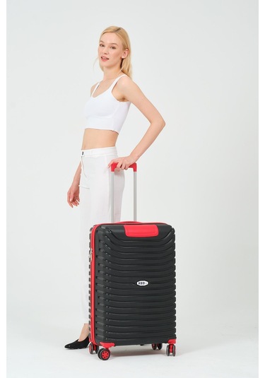 Siyah-kırmızı Orta Boy Silikon Kırılmaz Pp Valiz Siyah